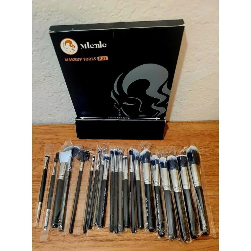 Mlemle 25Pcs Black Professional Makeup Brushes Set 2 Powder Puff 2 Makeup Sponge
